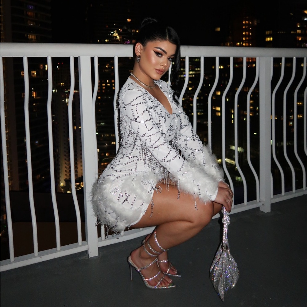 Sequin faux fur mini dress - white